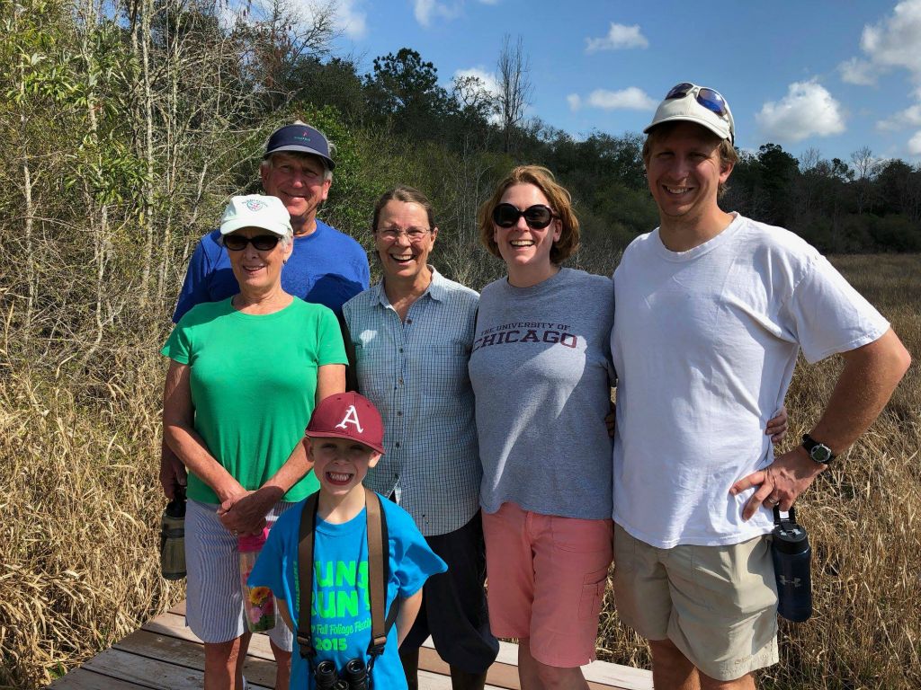 Joanne, Paul,Donna McCollum, Katie Lazdowski, Artie and grandson Gil on the Cottonmouth Alley boardwalk, Jan 2018.