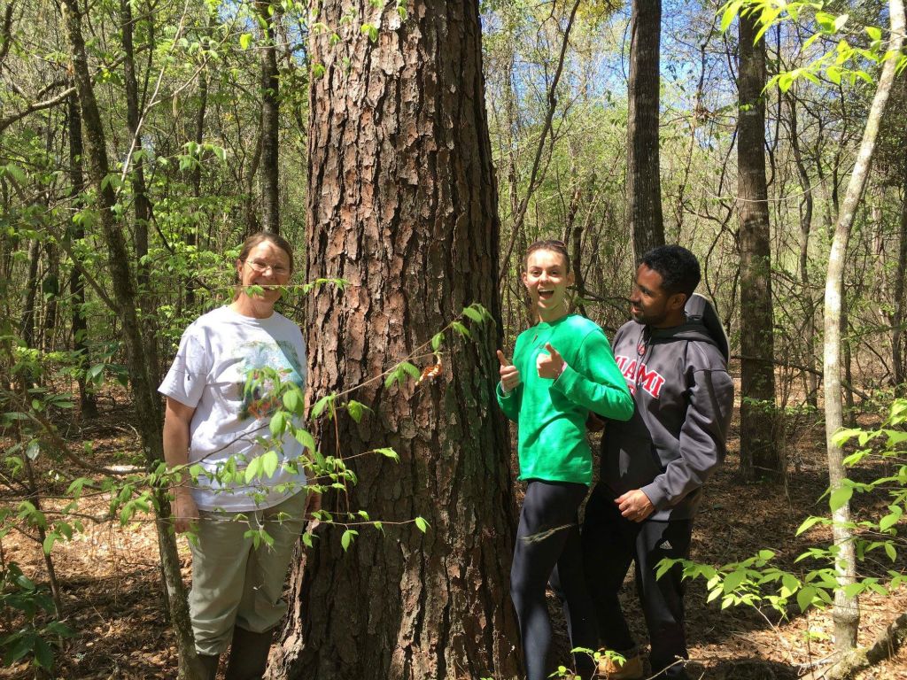 Donna McCollum with Jocelynne Ann and Taylor admire a huge pine tree near the the homesite, March 2016.
