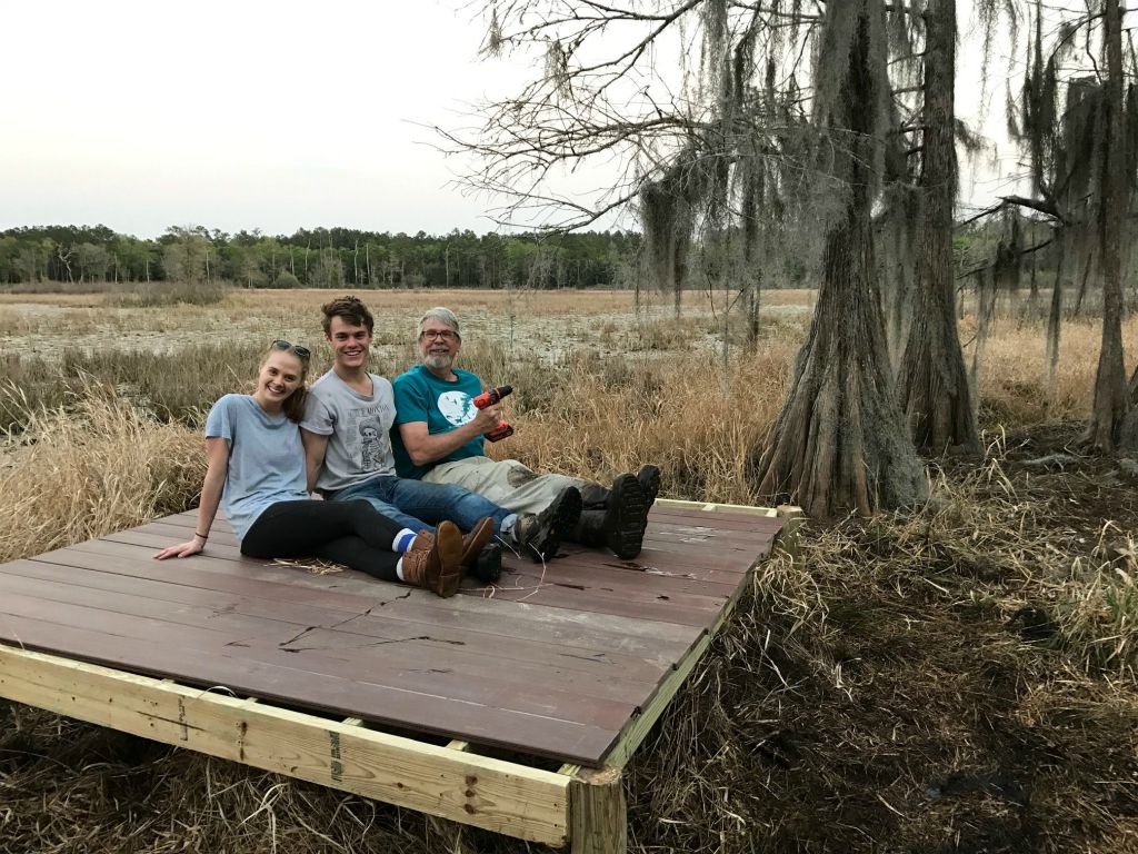 Ana, James and Hays relaxing after working hard on building the Cypress Grove Observation Platform, March 2017.